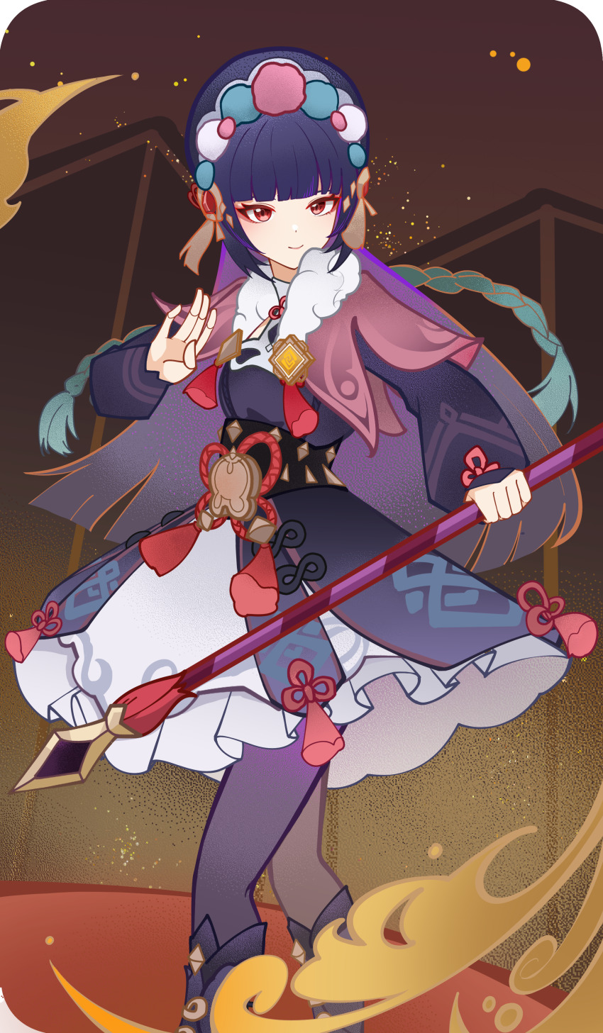 1girl, absurdres, black_hair, blunt_bangs, bonnet, boots, braid, capelet