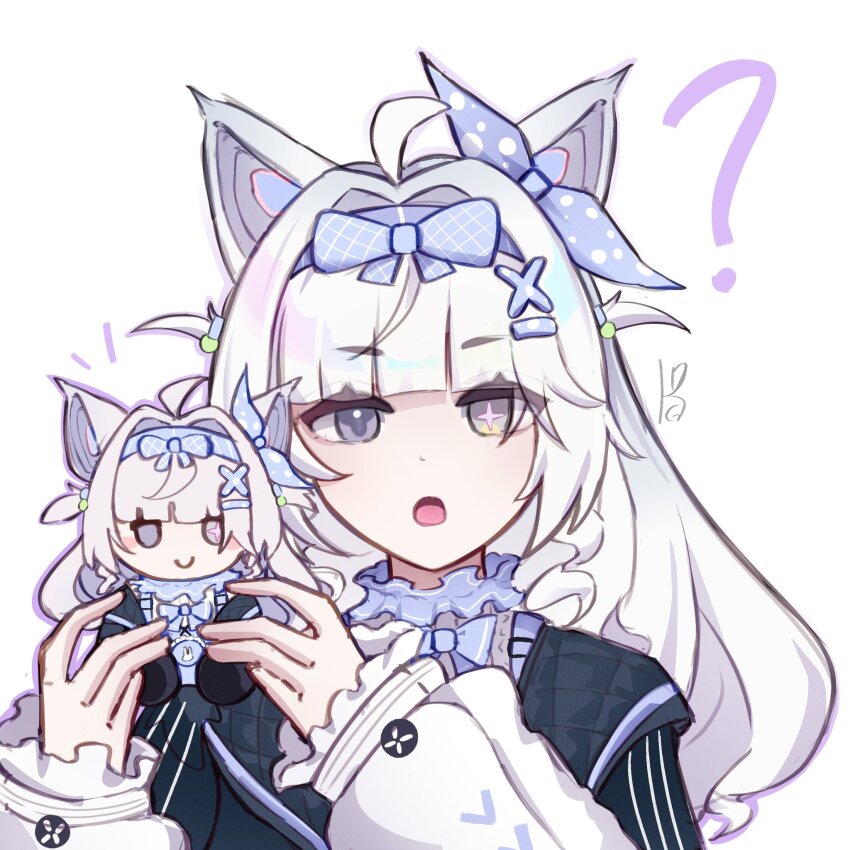 1girl, ?, ahoge, blue_bow, blue_hairband, bow, character_doll, commentary