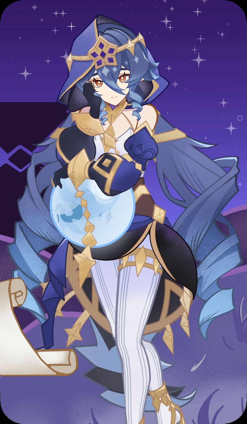 1girl, absurdres, bare_shoulders, black_gloves, blue_hair, bright_pupils, chinese_commentary, claw_ring