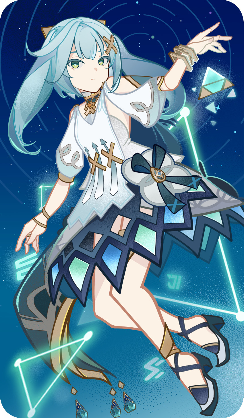 1girl, absurdres, aqua_hair, aqua_pupils, blue_hair, bracelet, chinese_commentary, commentary_request