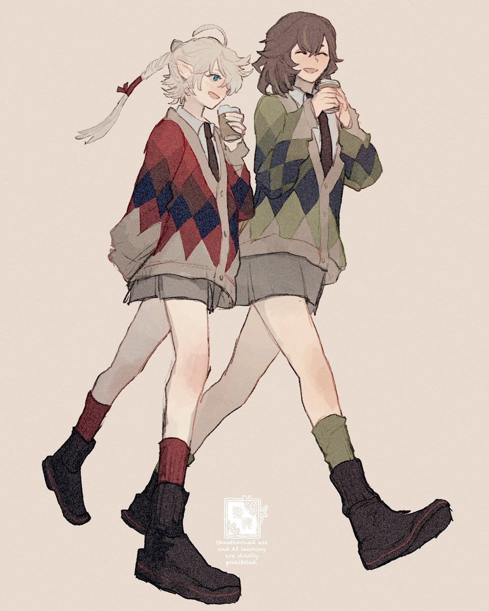 2girls, alisaie_leveilleur, black_necktie, blue_eyes, brown_hair, commentary_request, cup, elezen