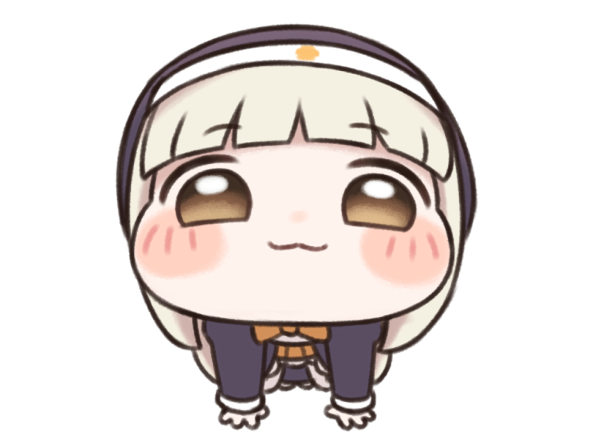 1girl, :3, all_fours, blush_stickers, brown_eyes, chibi, commentary_request, long_hair