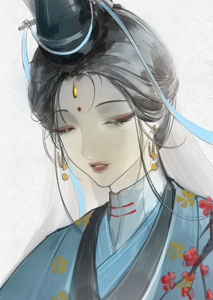 1girl, absurdres, black_hair, black_hat, blue_hanfu, chinese_clothes, chinese_commentary, closed_eyes