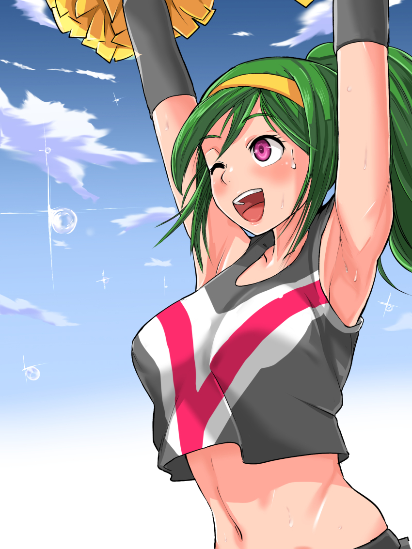 09012732821, 1girl, absurdres, akehoshi_setsuka, armpits, arms_up, blue_sky, cheerleader