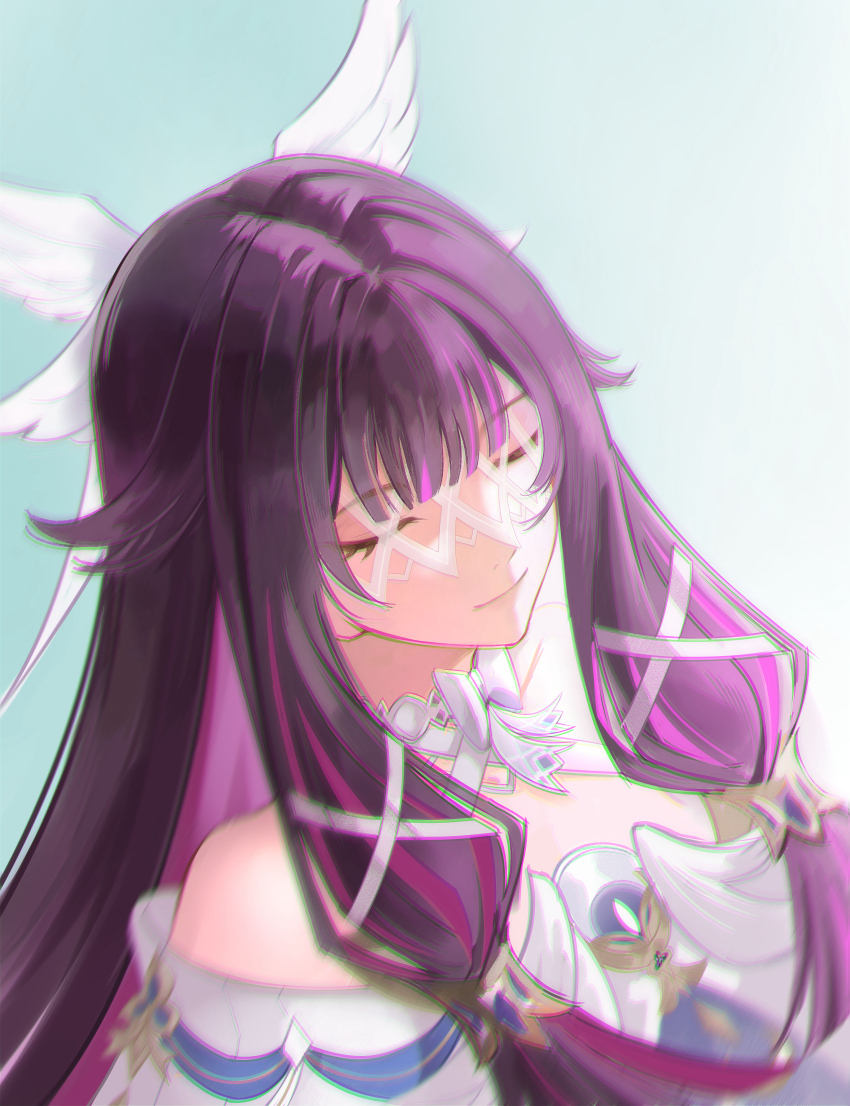 1girl, absurdres, aqua_background, bow, bowtie, chinese_commentary, chromatic_aberration, closed_eyes, closed_mouth, columbina_(genshin_impact), commentary_request, dress, eye_mask, genshin_impact, grey_background, hair_ornament, highres, long_hair, low-tied_sidelocks, mask, multicolored_hair, purple_hair, qianqi, sidelocks, smile, solo, streaked_hair, two-tone_hair, upper_body, white_bow, white_bowtie, white_dress, white_mask, wing_hair_ornament, x-shaped_eyewear