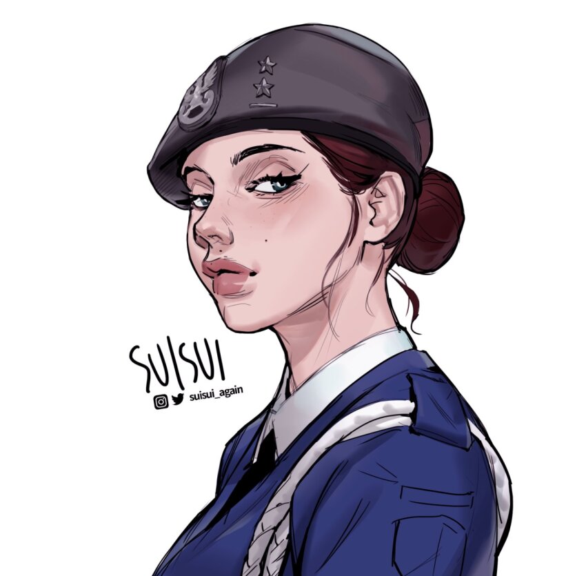 1girl, artist_logo, artist_name, beret, brown_hair, collar, commentary, english_commentary