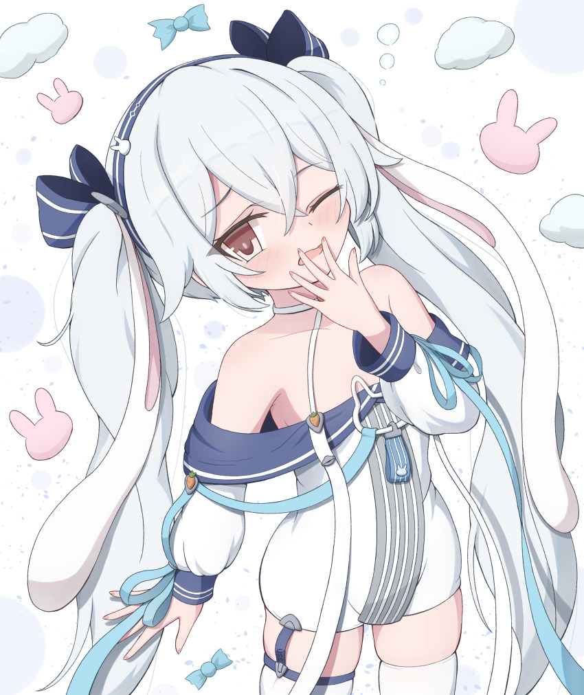 1girl, absurdres, azur_lane, bare_shoulders, blue_hairband, blue_headband, blue_ribbon, blush, commentary_request, cowboy_shot, crossed_bangs, dvomil, hair_between_eyes, hair_ornament, hairband, headband, highres, laffey_(azur_lane), laffey_ii_(azur_lane), long_hair, long_sleeves, looking_at_viewer, one_eye_closed, open_mouth, pantyhose, rabbit_brooch, rabbit_hair_ornament, rabbit_o-ring, rabbit_ornament, red_eyes, ribbon, simple_background, skindentation, solo, standing, thighhighs, thighs, twintails, very_long_hair, white_background, white_hair, white_pantyhose, white_thighhighs, yawning