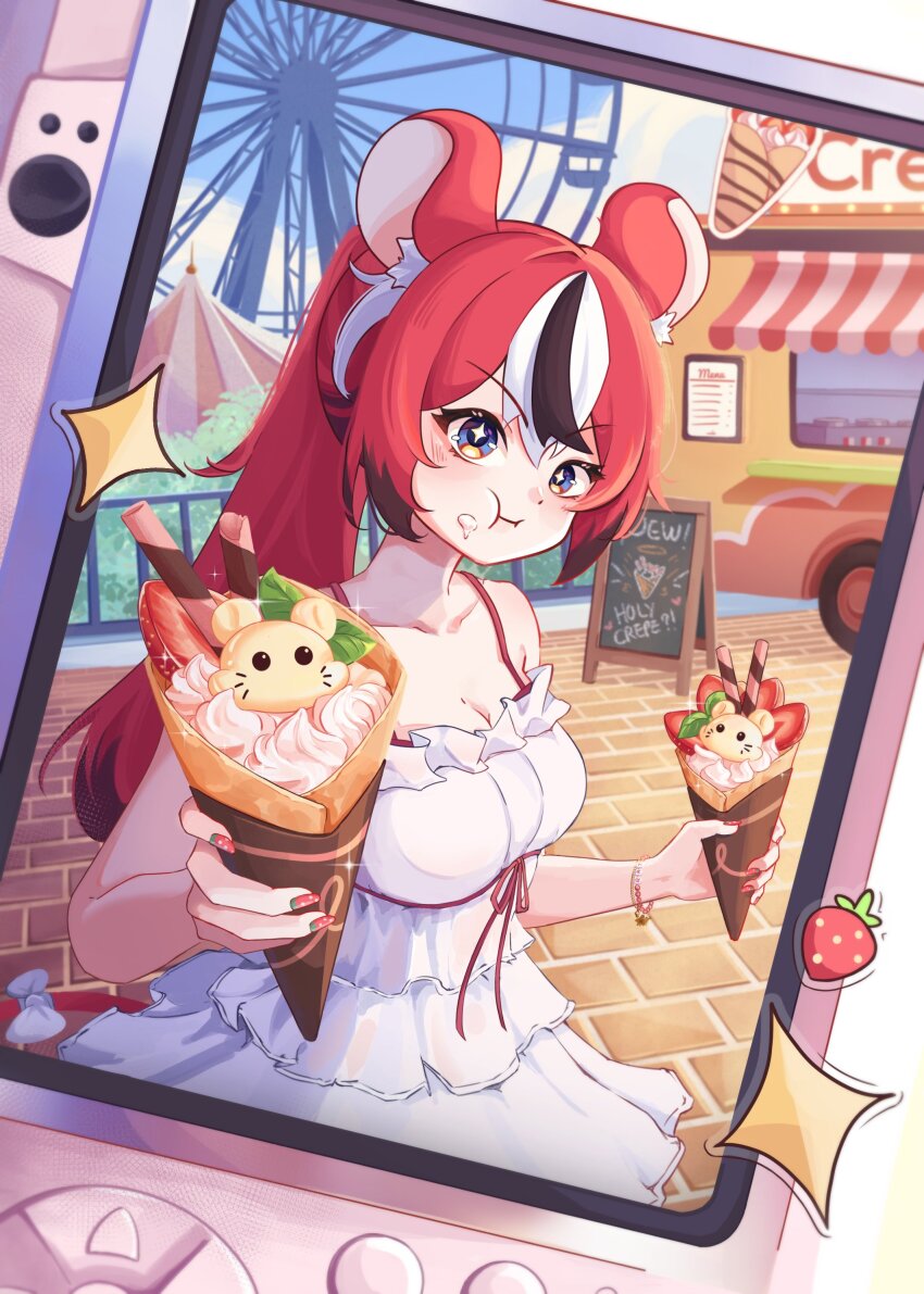 1girl, absurdres, animal_ear_fluff, animal_ears, black_hair, black_streaks, blue_eyes, blush