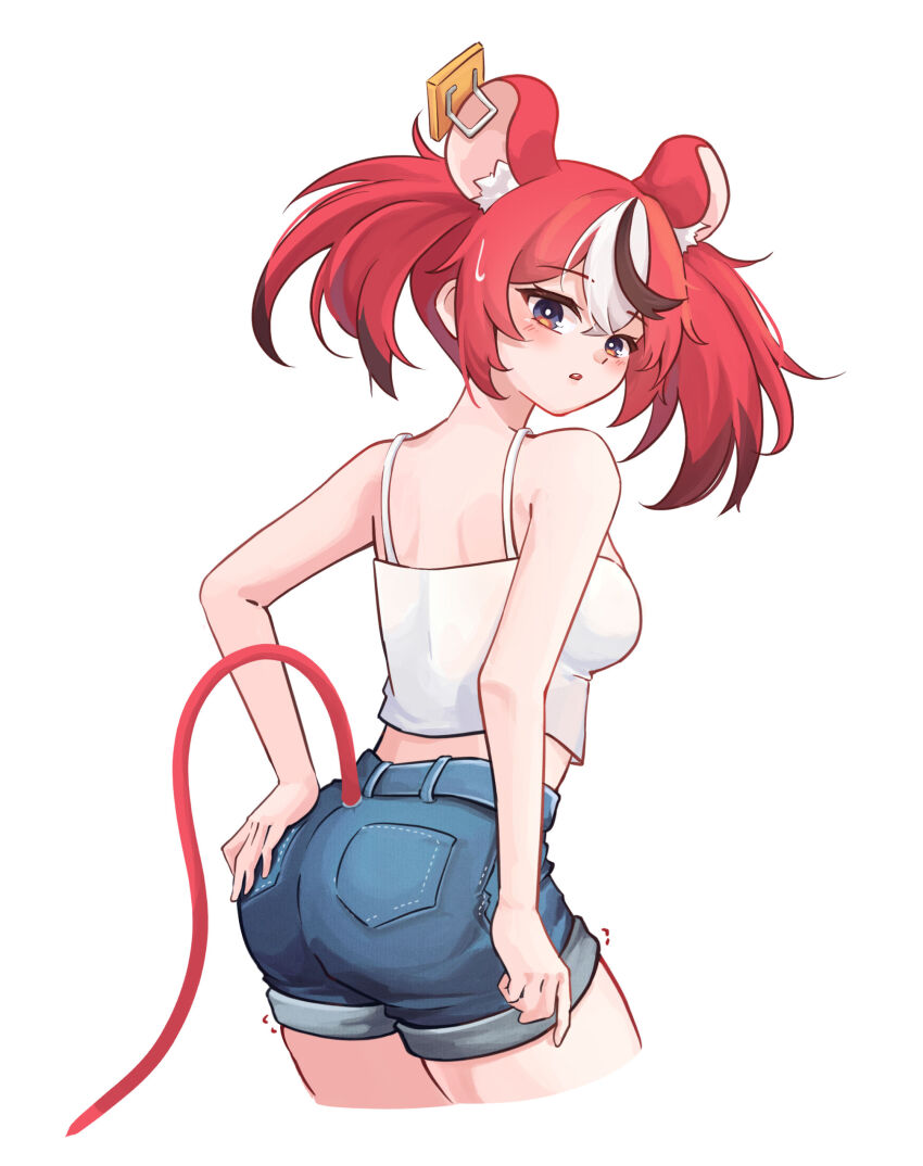 1girl, absurdres, animal_ear_fluff, animal_ears, ass, back, black_hair, black_streaks, blue_eyes, blush, breasts, commentary, crop_top, denim, denim_shorts, double-parted_bangs, hair_between_eyes, hakos_baelz, hand_on_own_ass, hashtag-only_commentary, highres, hololive, hololive_english, iennie, looking_back, medium_breasts, mouse_ears, mouse_tail, mousetrap, multicolored_hair, pants, pocket, red_hair, shirt, shorts, standing, sweatdrop, tail, thighs, tight_clothes, tight_pants, twintails, uneven_twintails, virtual_youtuber, white_background, white_hair, white_shirt