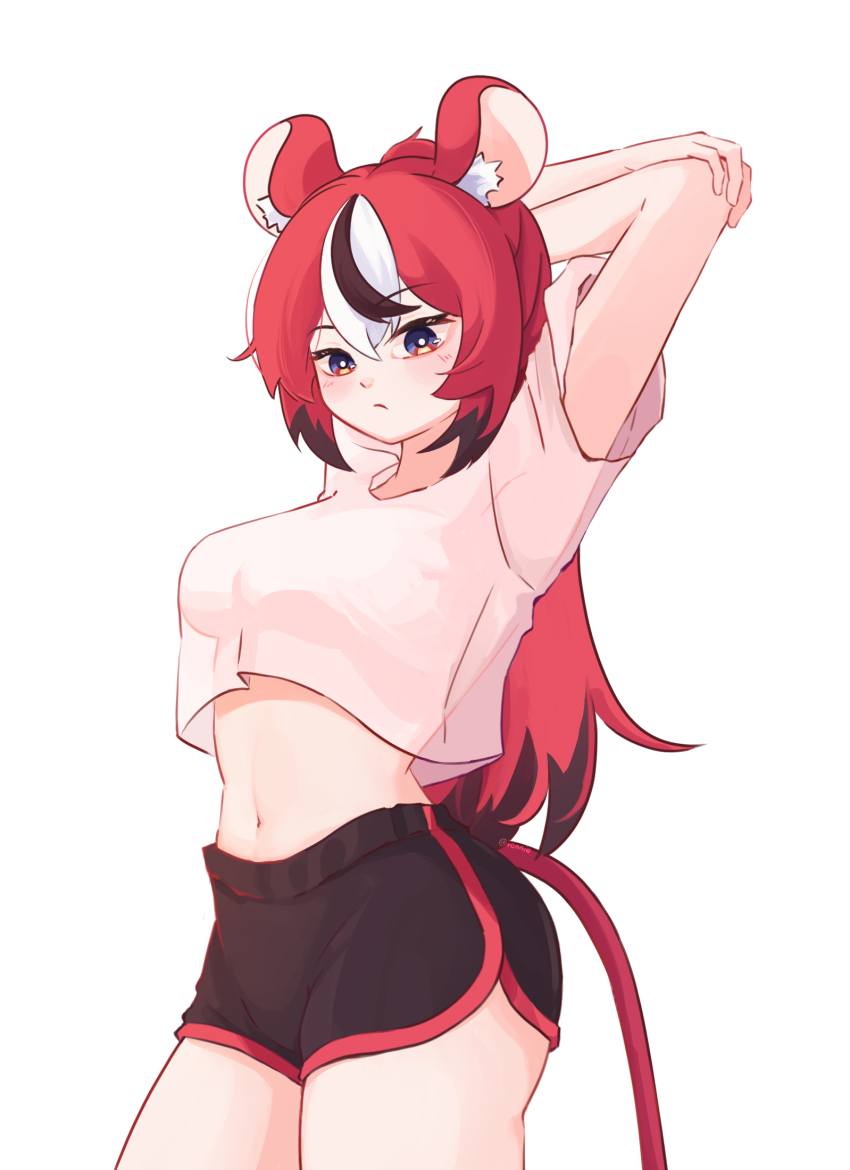 1girl, animal_ear_fluff, animal_ears, armpits, arms_behind_head, black_hair, black_shorts, black_streaks