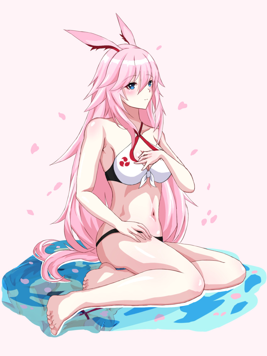1girl, animal_ears, bikini, black_bikini, blue_eyes, breasts, commentary, commentary_request