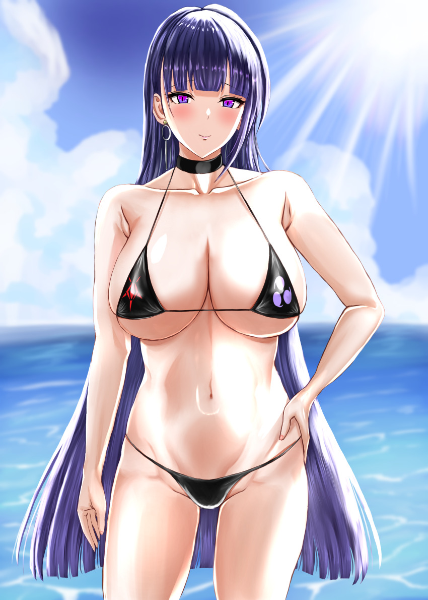 1girl, absurdres, bikini, black_bikini, black_choker, blue_sky, breasts, choker