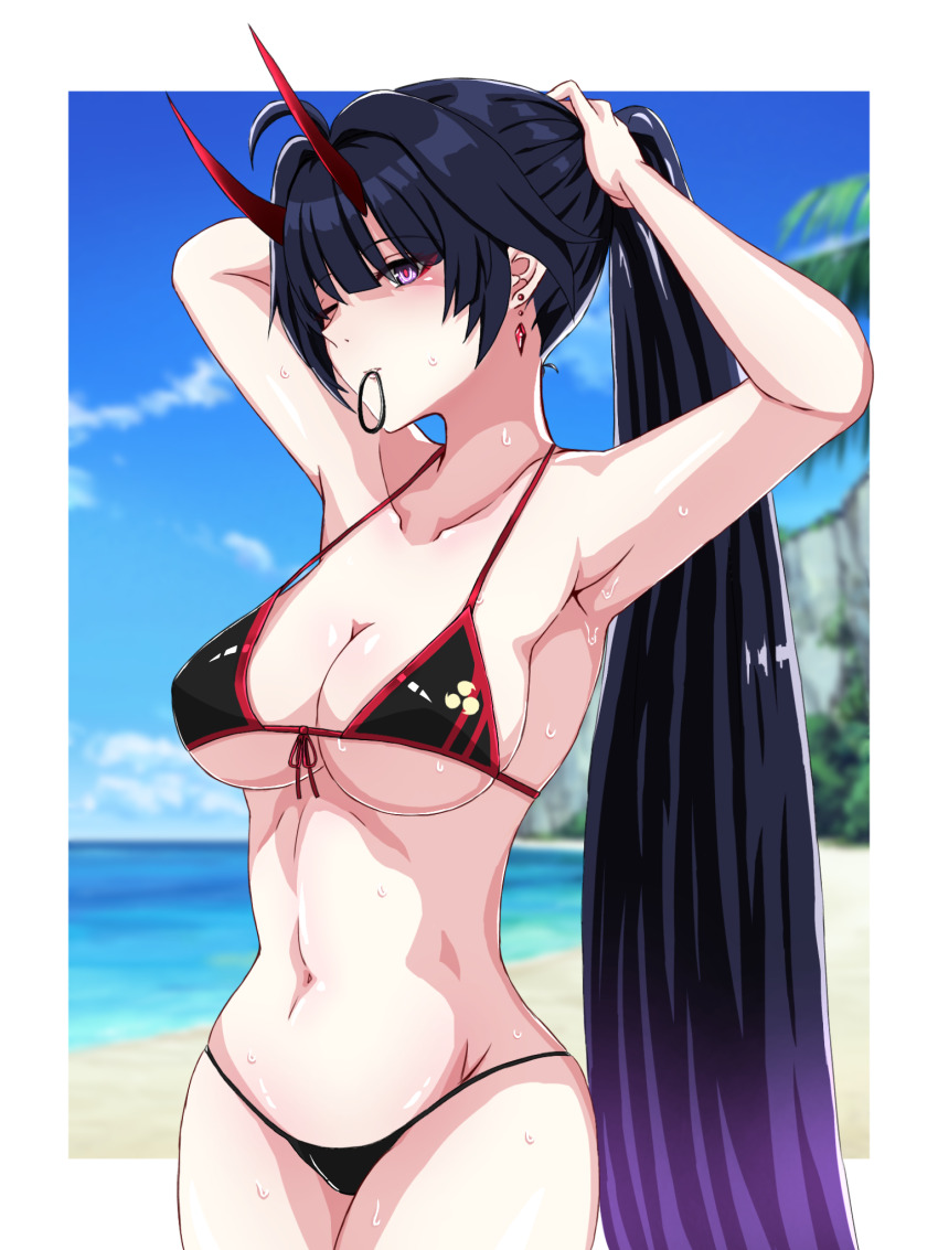 1girl, adjusting_hair, ahoge, alternate_hair_color, armpits, arms_up, beach, bikini