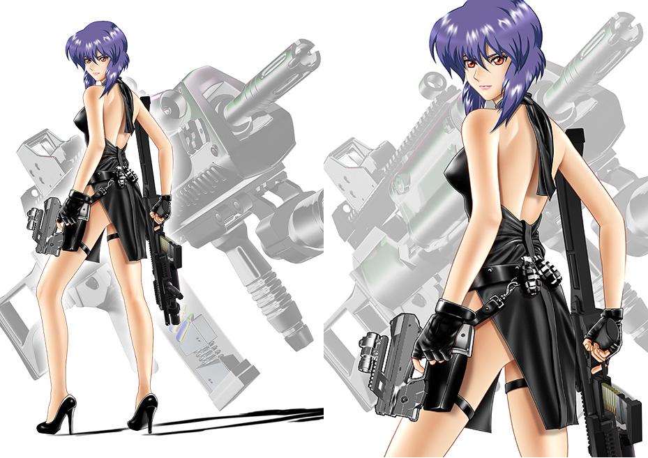 dress, fingerless_gloves, ghost_in_the_shell, gloves, gun, high_heels, kusanagi_motoko, lipstick