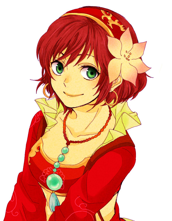 1girl, ashinamaturi, bad_id, bad_pixiv_id, brown_hair, earrings, female_focus, flower, green_eyes, hairband, jewelry, necklace, shin_sangoku_musou, short_hair, smile, solo, strapless, sun_shangxiang_(shin_sangoku_musou), tube_top