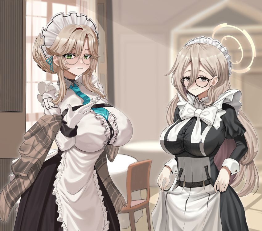 2girls, ade_(nikke), ade_(nikke)_(cosplay), akane_(blue_archive), akane_(blue_archive)_(cosplay), apron, black_dress, blonde_hair