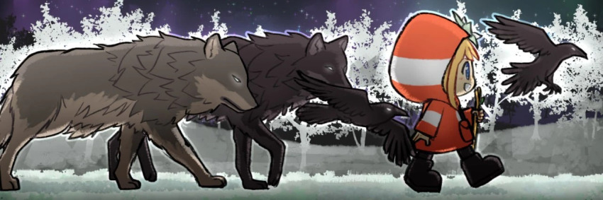 artist_request, astrid_(antijudaic), bird, black_boots, blonde_hair, blue_eyes, boots, cane, chibi, crow, forest, freki_(mythology), from_side, geri_(mythology), huginn_(mythology), long_sleeves, muninn_(mythology), nature, non-web_source, norse_mythology, orange_raincoat, original, short_hair, smile, snow, wolf