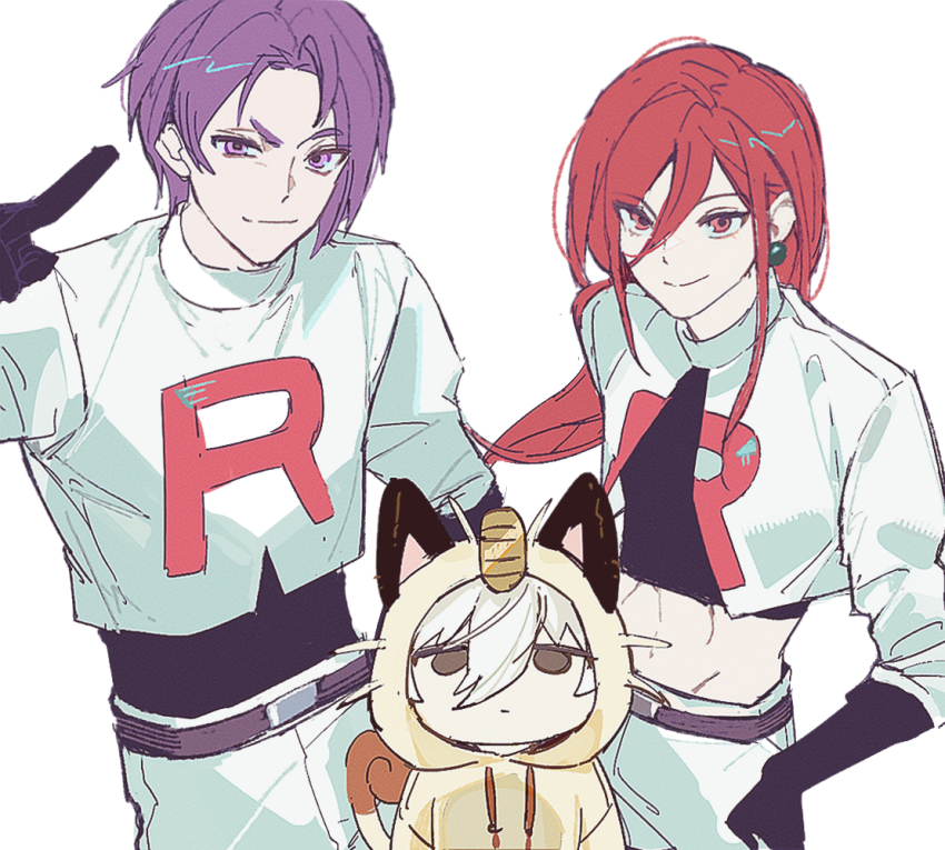3boys, ballro, blue_lock, chigiri_hyoma, closed_mouth, commentary_request, cosplay, crop_top, double-parted_bangs, earrings, eyes_visible_through_hair, gen_1_pokemon, hair_between_eyes, hand_up, james_(pokemon), james_(pokemon)_(cosplay), jessie_(pokemon), jessie_(pokemon)_(cosplay), jewelry, korean_commentary, long_hair, long_sleeves, looking_at_viewer, male_focus, meowth, meowth_(cosplay), midriff, mikage_reo, multiple_boys, nagi_seishirou, nintendo, pokemon, pokemon_(anime), purple_eyes, purple_hair, red_eyes, red_hair, short_hair, simple_background, smile, split_mouth, team_rocket, team_rocket_uniform, white_background, white_hair