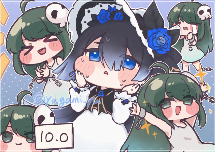 >_<, 5girls, black_hair, blanchet_(trickcal), blue_eyes, blue_flower, blue_rose, blush_stickers, chibi, chibi_only, closed_eyes, closed_mouth, commentary_request, crying, dress, flower, green_eyes, green_hair, hat, mask, mask_on_head, multiple_girls, open_mouth, rose, sari_(trickcal), sweatdrop, trickcal, twitter_username, white_dress, yagami_yu