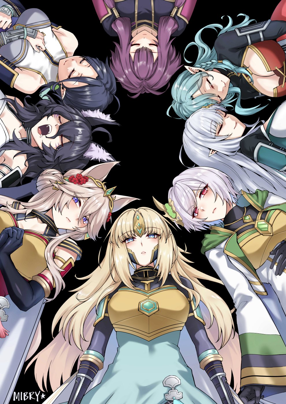 6+girls, ahoge, animal_ear_fluff, animal_ears, aqua_hair, armor, armored_dress, artist_name