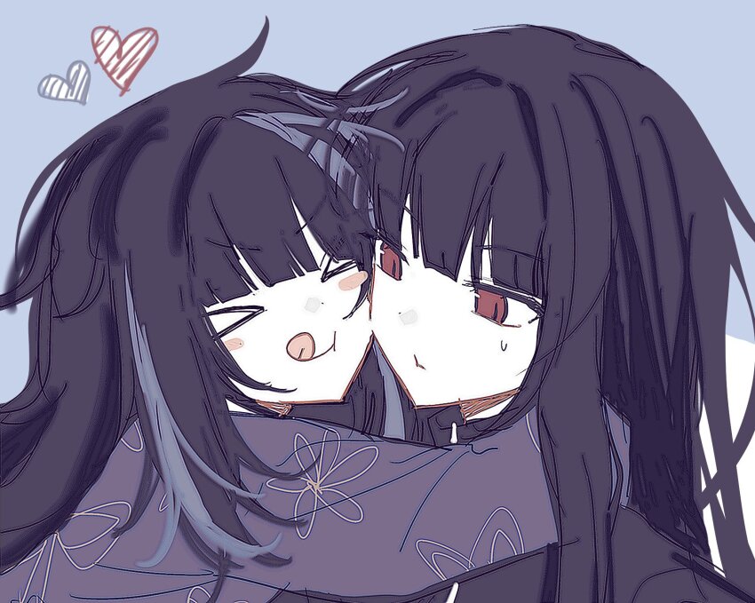 >_<, aged_down, araya_(project_moon), black_hair, black_jacket, black_kimono, blush, commentary, e139121745, grey_background, grey_hair, grey_streaks, heart, highres, hug, jacket, japanese_clothes, kimono, limbus_company, long_hair, looking_at_another, mother_and_child, mother_and_daughter, multicolored_hair, official_alternate_costume, parent_and_child, project_moon, red_eyes, ryoshu_(project_moon), streaked_hair, sweatdrop, tongue, tongue_out, untranslatable_commentary