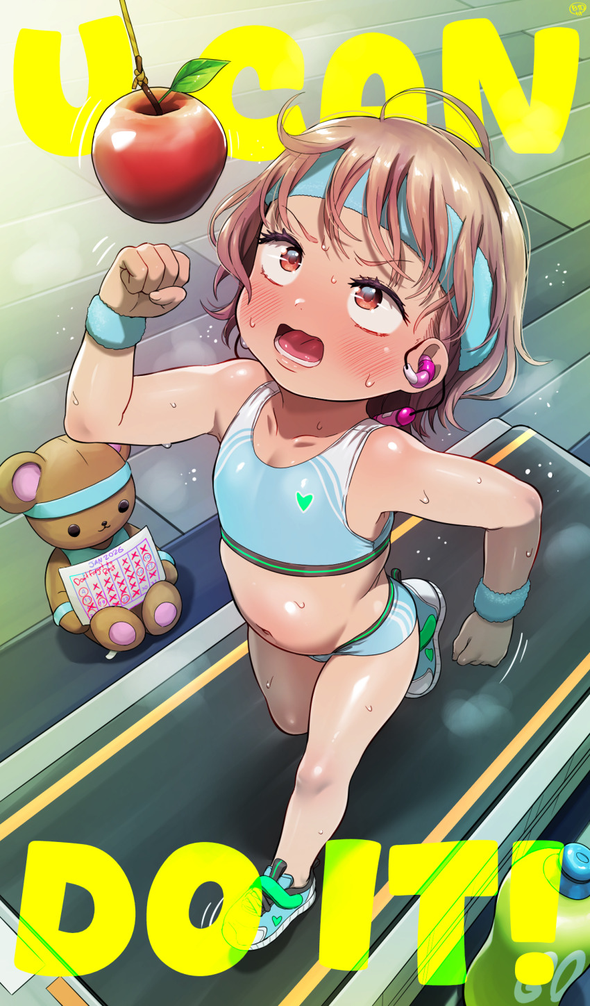 1girl, ahoge, apple, belly, blue_shoes, blue_shorts, blue_sports_bra, blush, born-to-die, bottle, brown_eyes, brown_hair, calendar, collarbone, earbuds, earphones, english_text, exercising, female_focus, flat_chest, flying_sweatdrops, food, fruit, gym, headband, heart, heart_print, highres, loli, looking_up, medium_hair, navel, open_mouth, original, print_shoes, print_sports_bra, red_eyes, rope, running, shoes, short_hair, short_shorts, shorts, sneakers, solo, sports_bra, steam, stomach, stuffed_animal, stuffed_toy, sweat, sweatband, teddy_bear, teeth, thighs, treadmill, water_bottle, wristband