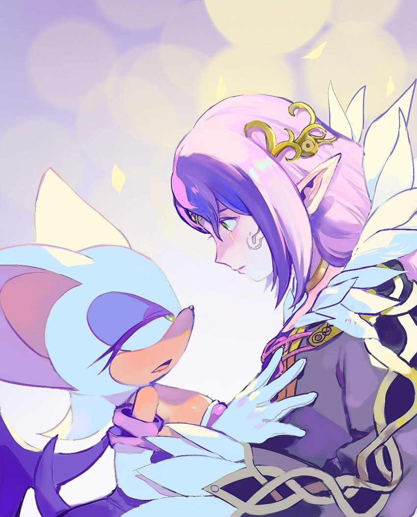 2girls, animal_ears, bat_ears, bat_girl, bat_wings, blue_eyeliner, breasts, closed_mouth, coat, commentary, conniebgbgbg, crying, crying_with_eyes_open, dark_queen_(sonic), elbow_gloves, eyelashes, eyeliner, facial_mark, from_side, fur-trimmed_coat, fur-trimmed_sleeves, fur_trim, furry, furry_female, gloves, green_eyes, hair_ornament, highres, large_breasts, long_hair, long_sleeves, looking_at_another, makeup, merlina_(sonic), multiple_girls, open_mouth, pointy_ears, purple_coat, purple_hair, rouge_the_bat, solo, sonic_(series), sonic_and_the_black_knight, tail, tears, very_long_hair, white_gloves, wings, yellow_background, yellow_eyes