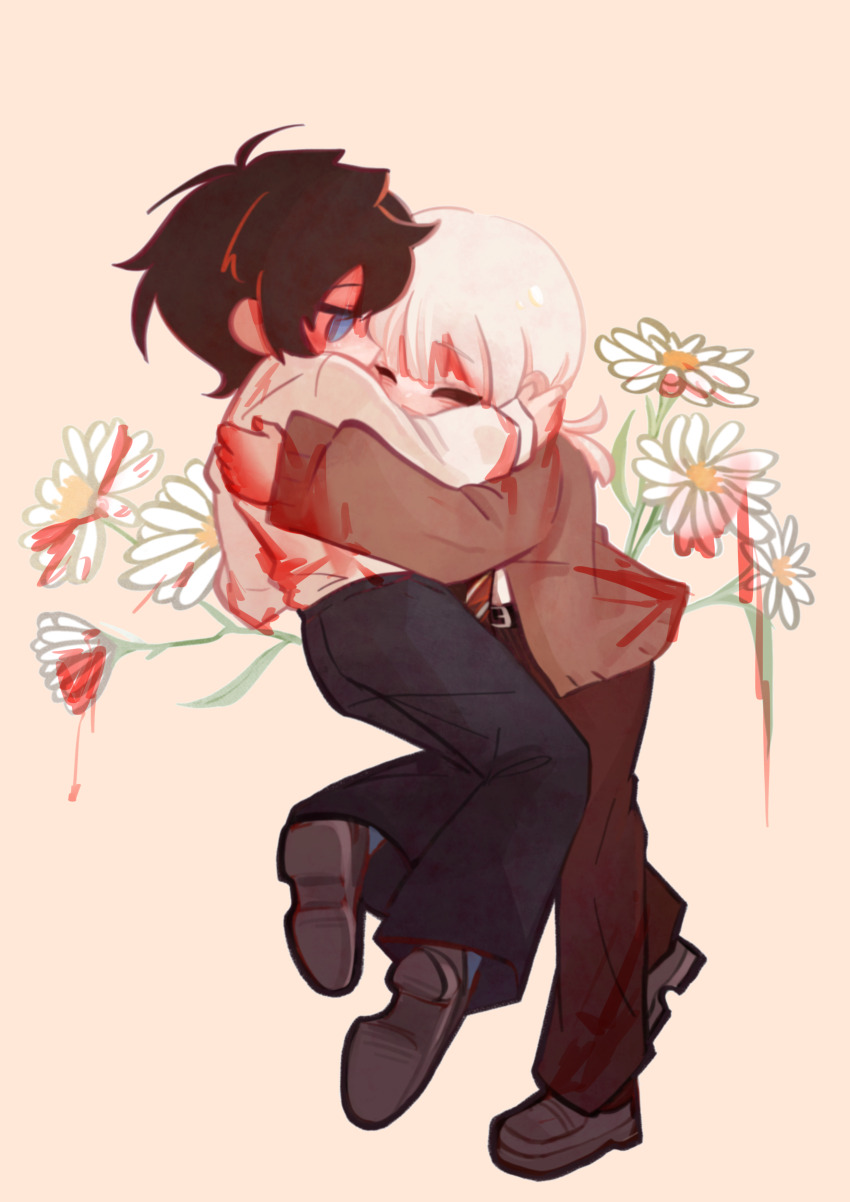 2boys, absurdres, akinashi_haru, black_hair, black_pants, blood, blood_on_clothes, blood_on_face, blood_on_flower, blood_on_hands, blue_eyes, brown_cardigan, brown_pants, cardigan, chinese_commentary, commentary_request, dress_shirt, eye_contact, fleabane, flower, highres, hug, lazhu31512, legs_up, looking_at_another, male_focus, multiple_boys, necktie, one_eye_closed, pants, red_eyes, red_necktie, saihate_eki, shirt, standing, tatsunami_shion, white_flower, white_hair, white_shirt