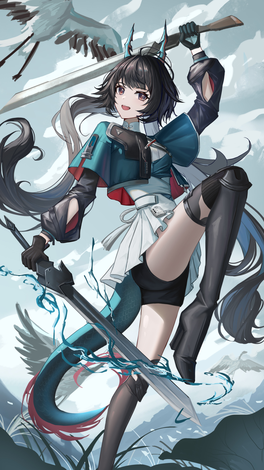 1girl, absurdres, arknights, arknights:_endfield, black_boots, black_gloves, black_hair, black_shorts, blue_jacket, blush, boots, chen_qianyu_(arknights), commentary, cropped_jacket, dragon_girl, dragon_horns, dragon_tail, dual_wielding, gloves, grey_eyes, high_heel_boots, high_heels, highres, holding, holding_sword, holding_weapon, horns, jacket, jiang_wu_(user_wewj7328), knee_boots, long_hair, looking_at_viewer, open_mouth, pleated_skirt, shirt, short_shorts, shorts, shorts_under_skirt, skirt, solo, standing, standing_on_one_leg, sword, tail, twintails, weapon, white_shirt, white_skirt