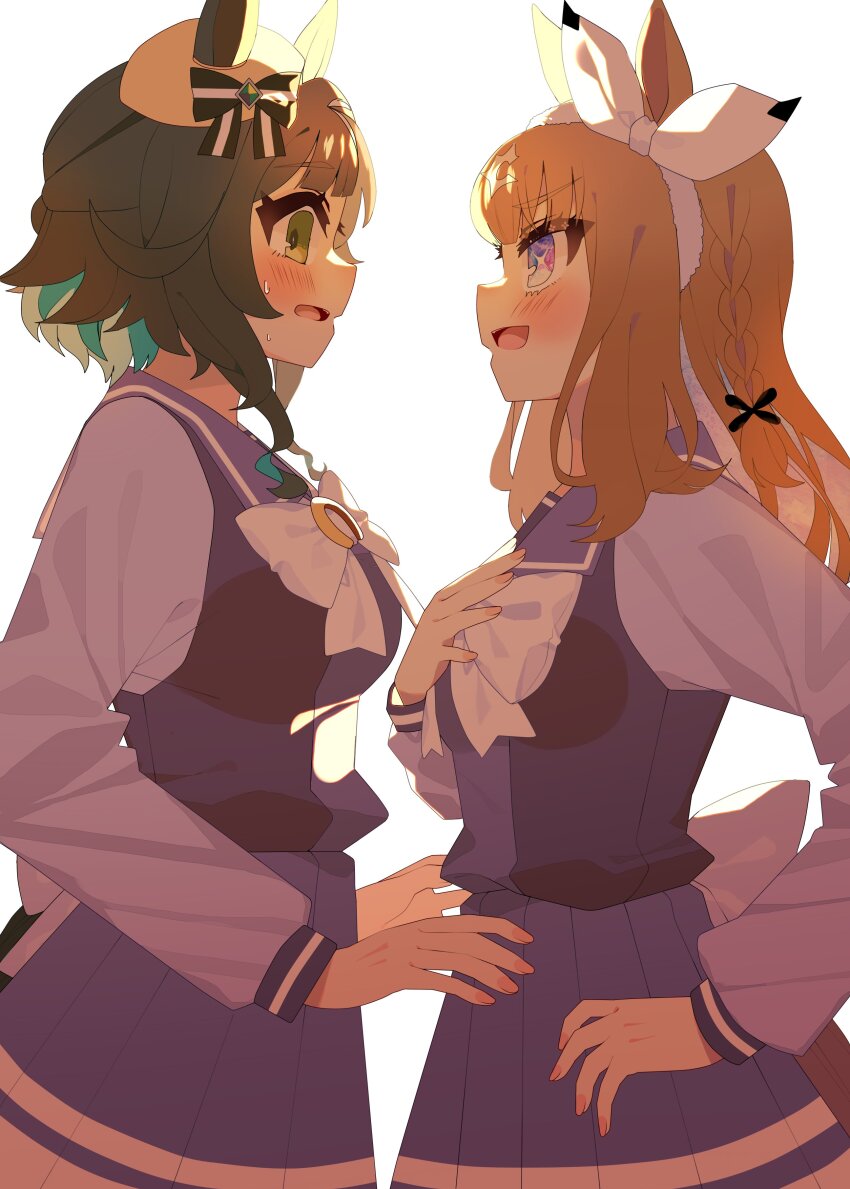 2girls, absurdres, almond_eye_(umamusume), amane_hikari, animal_ears, blue_eyes, blush, breasts