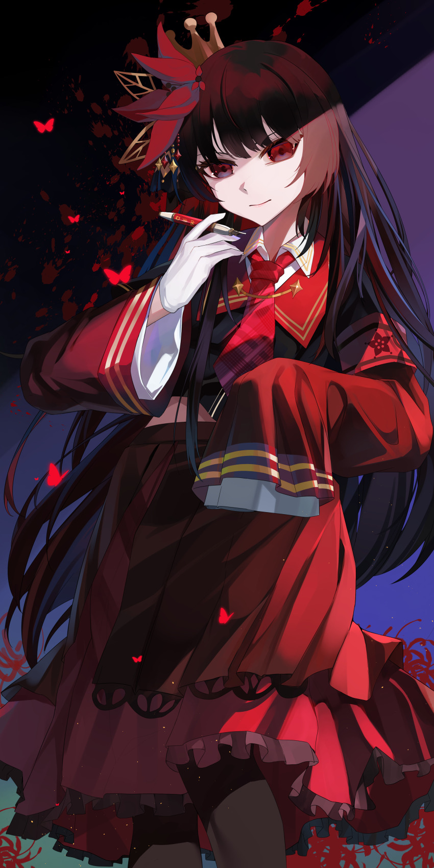 1girl, absurdres, armband, black_hair, black_shirt, black_skirt, bug, butterfly