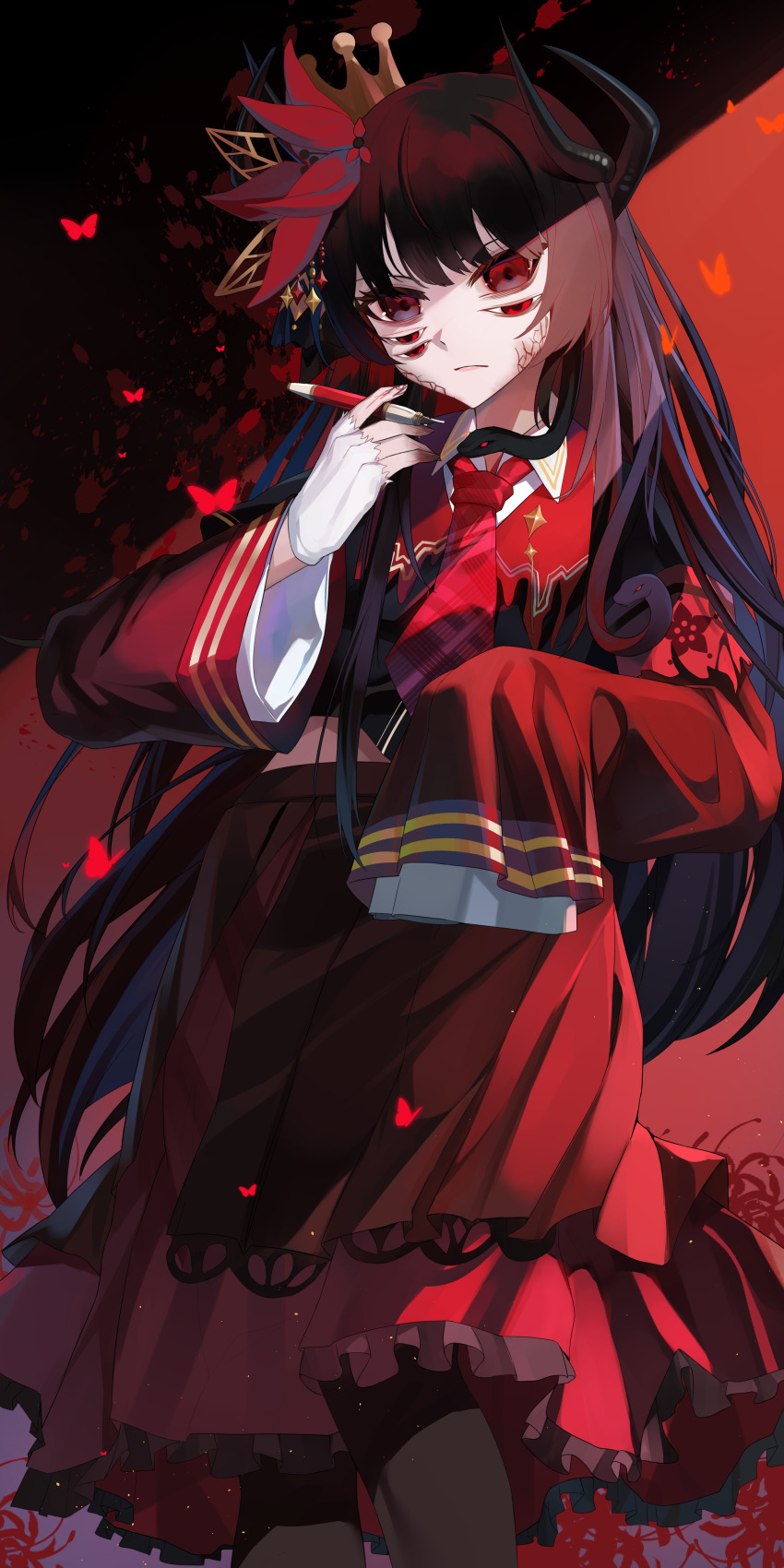 1girl, absurdres, armband, black_hair, black_horns, black_shirt, black_skirt, bug