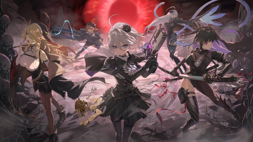 5girls, absurdres, belt, belt_collar, belt_pouch, beryl_(chaos_zero_nightmare), black_belt, black_bodystocking