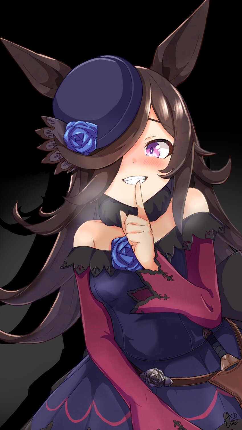 1girl, absurdres, animal_ears, blue_flower, blue_hat, blue_rose, blush, brown_hair