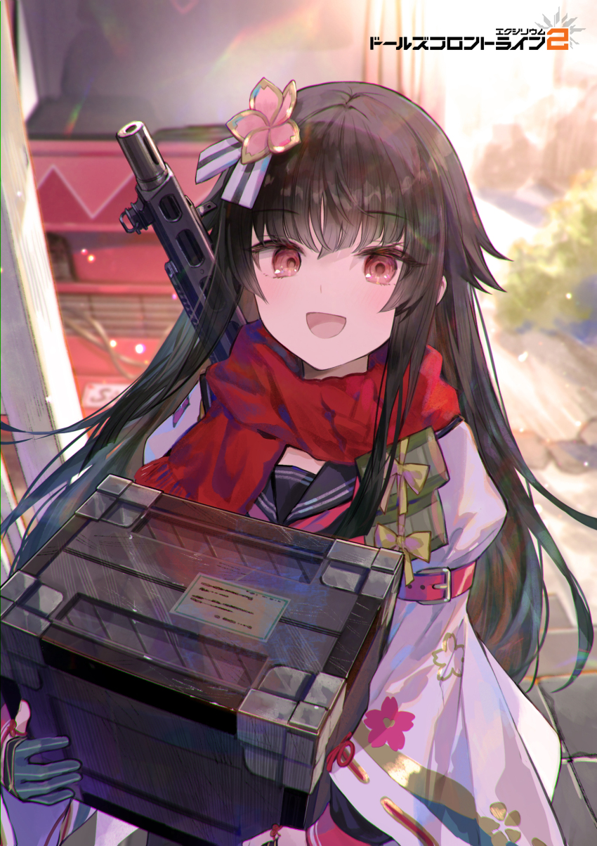 1girl, absurdres, black_hair, blurry, blurry_background, carrying, commentary_request, crate, fuzichoco, girls'_frontline, girls'_frontline_2:_exilium, gloves, hair_ornament, highres, long_hair, looking_at_viewer, neckerchief, official_art, open_mouth, partially_fingerless_gloves, red_eyes, red_scarf, sailor_collar, sakura_(girls'_frontline_2), scarf, second-party_source, sidelocks, smile, solo, type_100_(girls'_frontline), very_long_hair