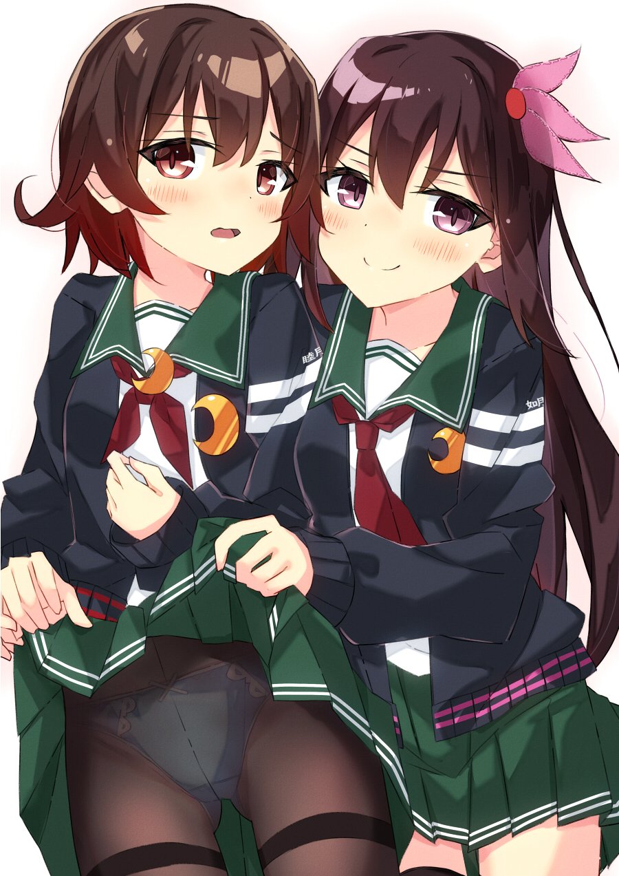 2girls, beritabo, blue_panties, brown_hair, brown_pantyhose, commentary_request, crescent, crescent_pin