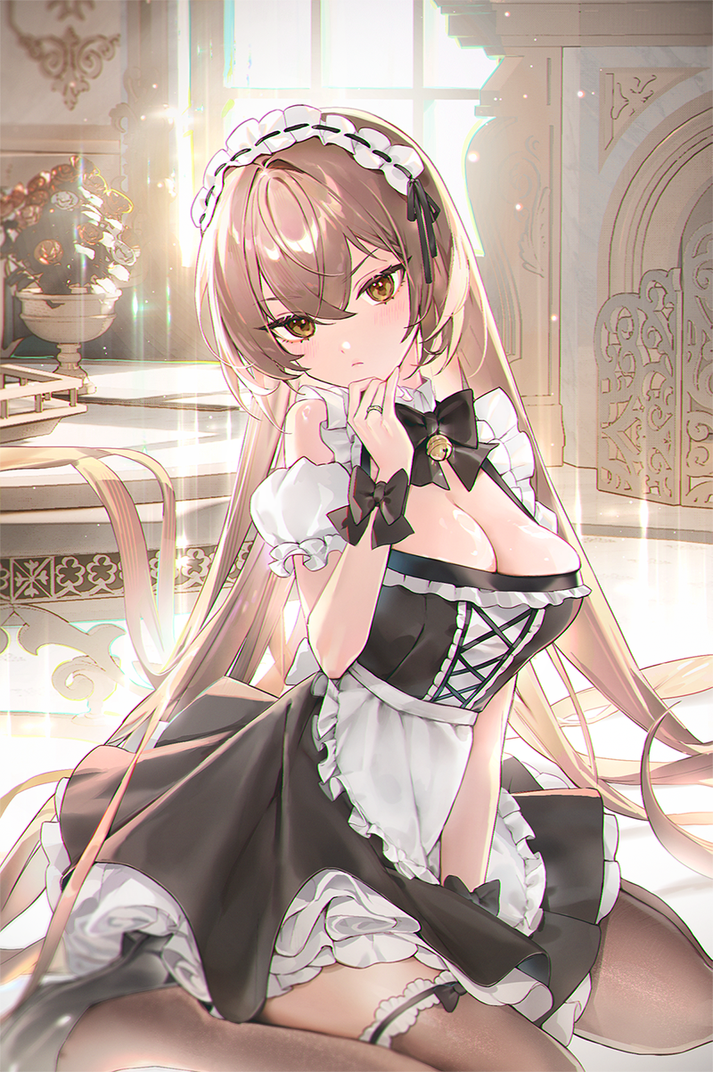 1girl, apron, bamcream, bare_shoulders, bell, black_bow, black_bowtie, black_dress