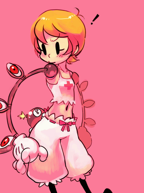 !, 1girl, black_eyes, bloomers, blush, blush_stickers, bomb, camisole, child, explosive, eye_socket, flat_chest, george_the_bomb, gloves, lab_zero_games, looking_back, mechanical_arms, midriff, navel, missing_headwear, orange_hair, peacock_(skullgirls), pink_background, red_eyes, short_hair, simple_background, skullgirls, standing, underwear, yojio_(2188)