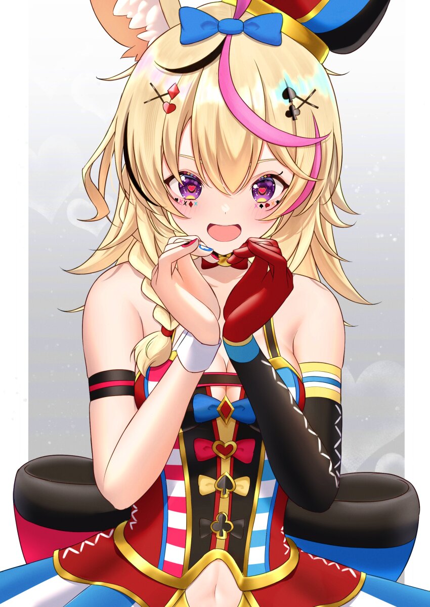 1girl, absurdres, animal_ear_fluff, animal_ears, black_streaks, blonde_hair, blue_nails, breasts