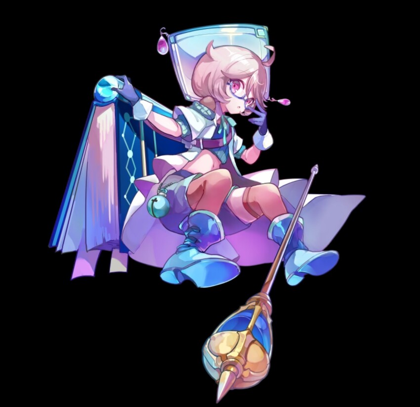 :o, ahoge, bell, belt, black_background, blue_boots, blue_gloves, blue_hat, blue_shorts, bob_cut, book, boots, brown_belt, coat, crop_top, cymerica_(merc_storia), full_body, gloves, green_sweater, hair_between_eyes, hat, highres, looking_at_viewer, merc_storia, merc_storia_art_team, navel, official_art, open_clothes, open_coat, pink_eyes, pink_hair, rod, short_hair, short_sleeves, shorts, simple_background, solo, sweater, tachi-e, white_coat