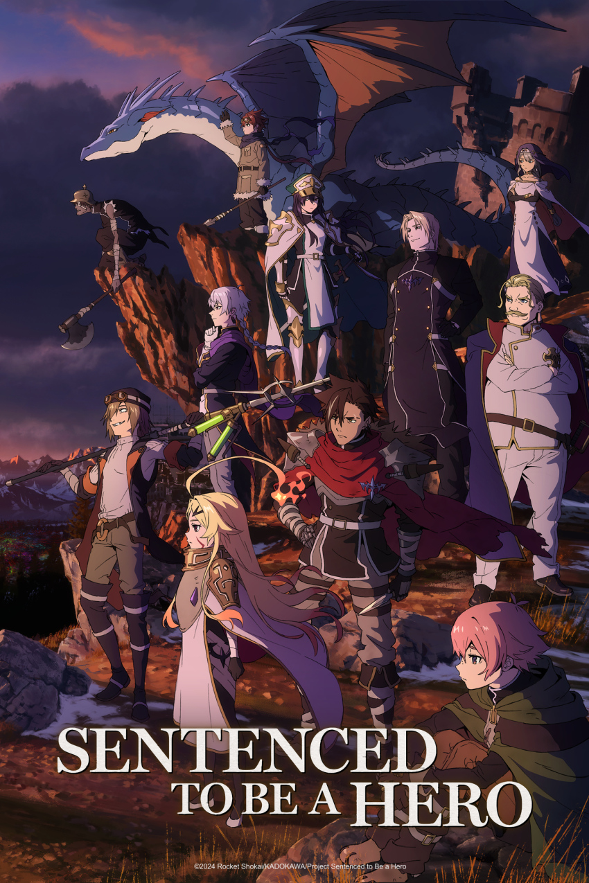 2024, 6+boys, ahoge, axe, blonde_hair, brown_eyes, brown_hair, cloak, dagger, dragon, english_text, expressionless, facial_hair, fiery_hair, forbartz_xylo, frenci_mastibolt, goggles, goggles_on_headwear, grey_hair, hat, holding, holding_axe, holding_weapon, huge_ahoge, kivia_patausche, knife, leopool_venetim, long_hair, luzulas_dotta, multiple_boys, mustache, neely_(yuushakei), official_art, outdoors, partiract_jayce, pink_hair, rhyno_(yuushakei), senridge_norgalle, smile, standing, tagme, tatsuya_(yuushakei), teoritta, tsav_(yuushakei), weapon, yuushakei_ni_shosu