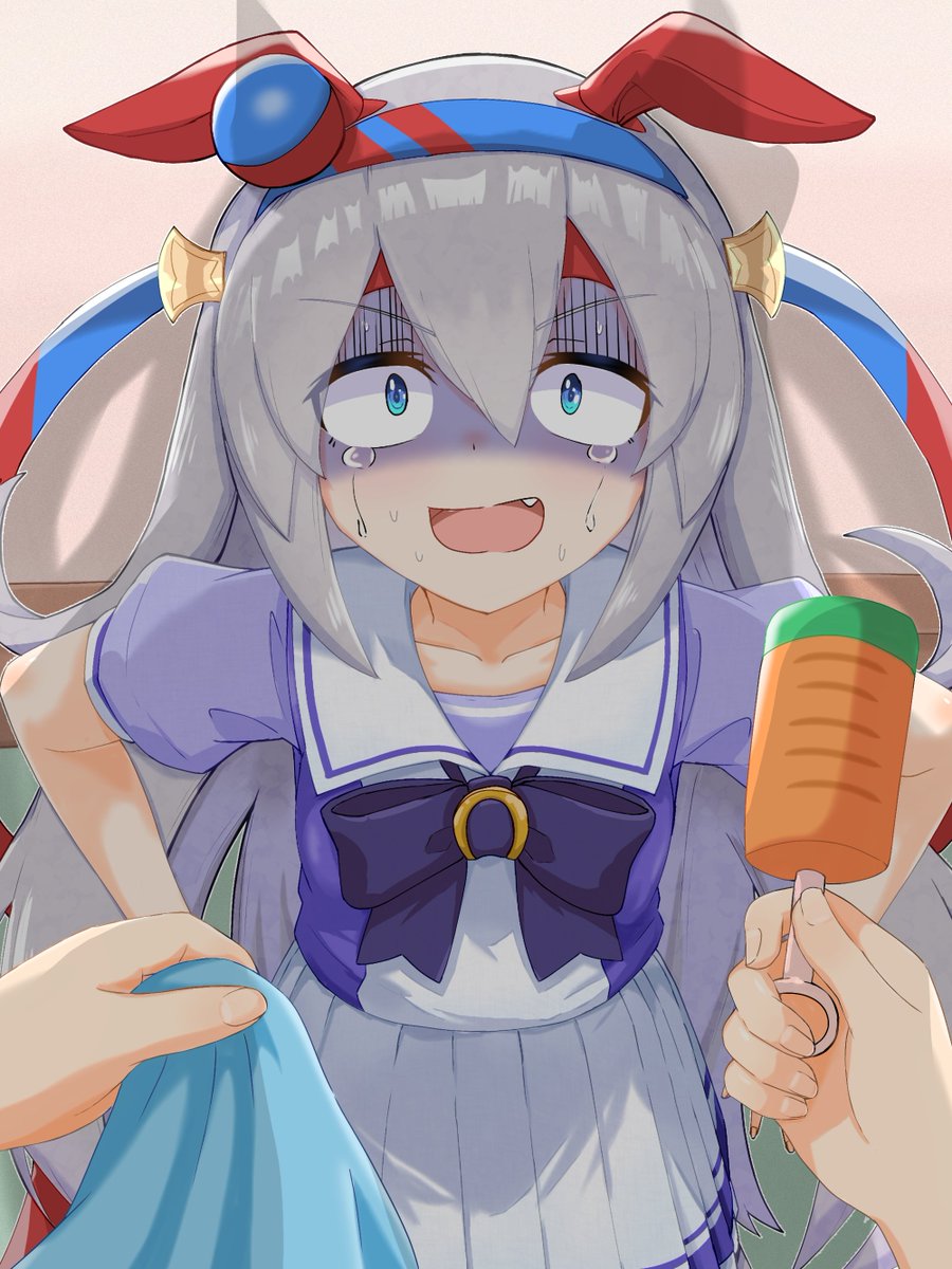 2girls, against_wall, animal_ears, blue_eyes, breasts, commentary_request, fang, grey_hair