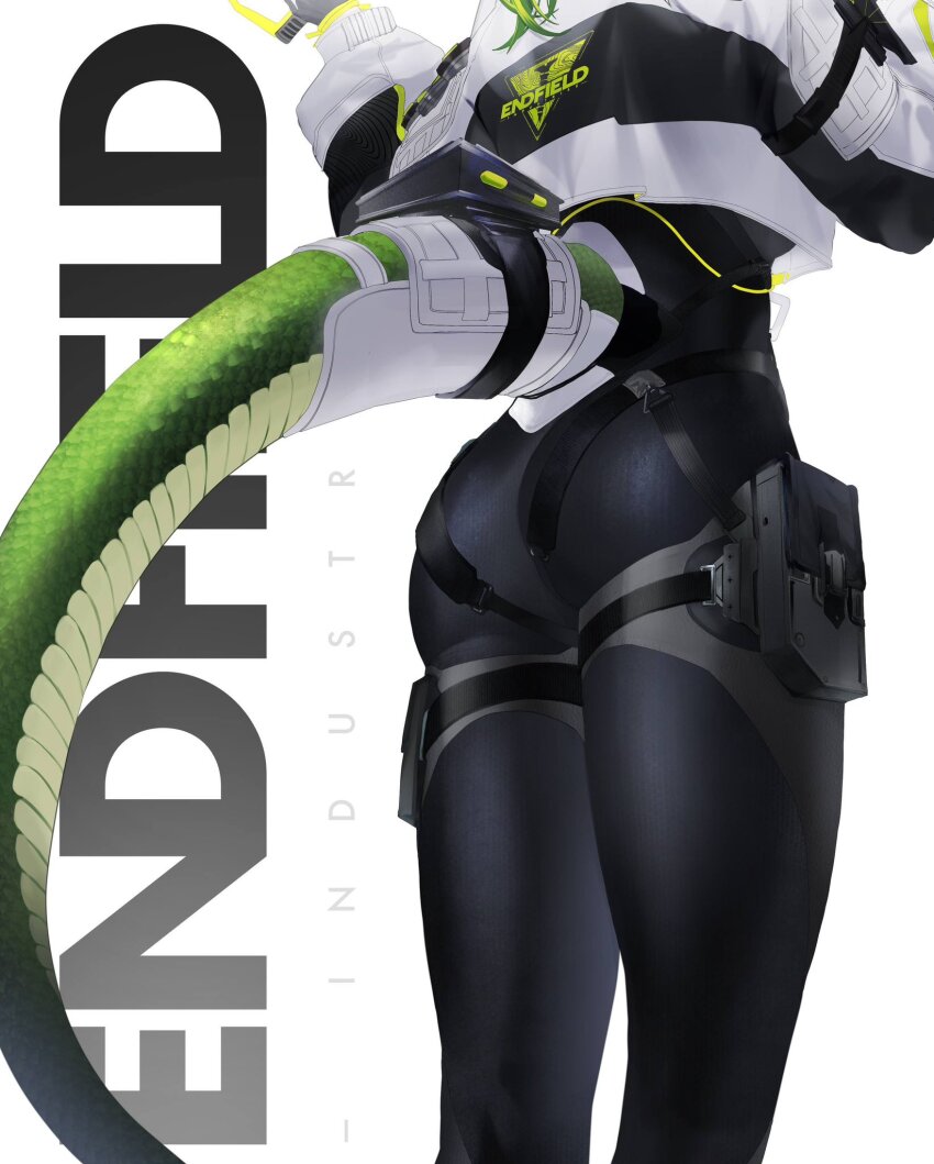 1girl, arknights, arknights:_endfield, ass, black_bodysuit, bodysuit, commentary, copyright_name, feet_out_of_frame, fluorite_(arknights), green_hair, green_tail, head_out_of_frame, highres, lizard_tail, long_sleeves, puffy_long_sleeves, puffy_sleeves, reptile_girl, s11puha, solo, standing, tail