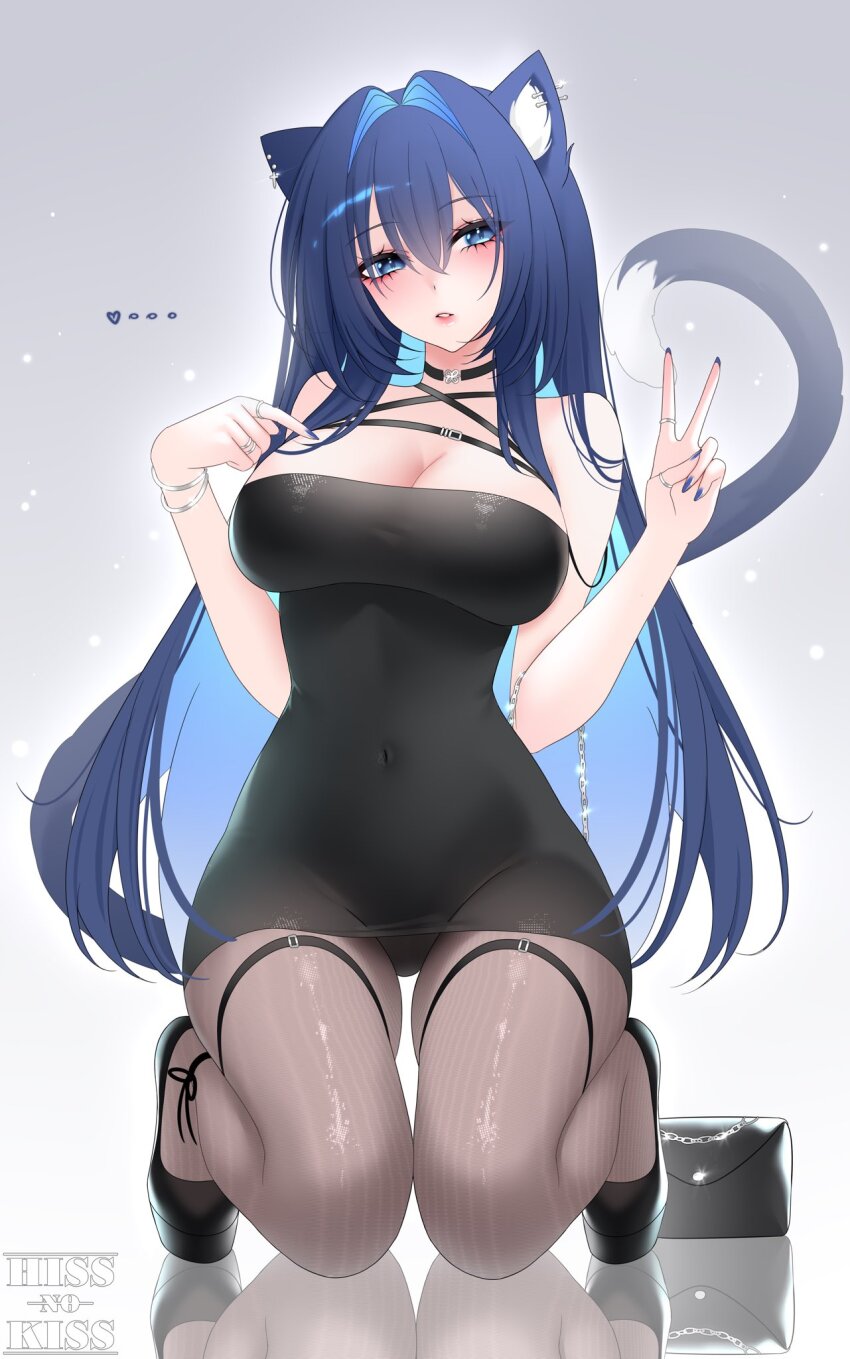 1girl, alternate_costume, animal_ear_fluff, animal_ears, bare_shoulders, black_dress, blue_eyes, blue_hair