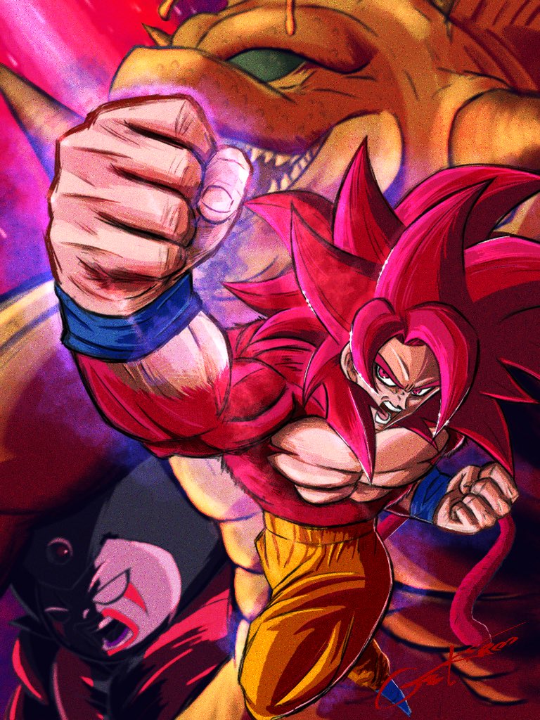 2boys, blue_boots, body_fur, boots, character_request, clenched_hands, demon_realm_porunga, dragon, dragon_ball, dragon_ball_daima, gekiroo, long_hair, male_focus, monkey_tail, multiple_boys, muscular, muscular_male, open_mouth, orange_pants, pants, punching, red_eyes, red_fur, red_hair, red_tail, solo_focus, son_goku, spiked_hair, tail, topless_male