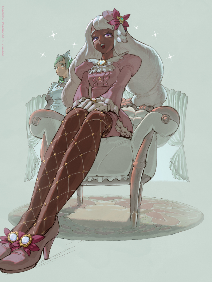 2girls, absurdres, apron, ascot, blunt_bangs, bow, bowtie, chair, commentary_request, dark-skinned_female, dark_skin, dress, fascinator, fishnet_pantyhose, fishnets, frilled_ascot, frills, gloves, gold_ring, green_hair, hair_ornament, highres, jacinthe_(pokemon), juliet_sleeves, lebanne_(pokemon), long_hair, long_sleeves, looking_at_viewer, low_drills, maid, maid_apron, maid_headdress, master_and_servant, mega_stone, multiple_girls, mumumi, nintendo, on_chair, open_mouth, pantyhose, pokemon, pokemon_legends:_z-a, puffy_sleeves, purple_dress, purple_eyes, purple_hair, sitting, smile, sparkle, teeth, upper_teeth_only, very_dark_skin, white_bow, white_bowtie, white_gloves