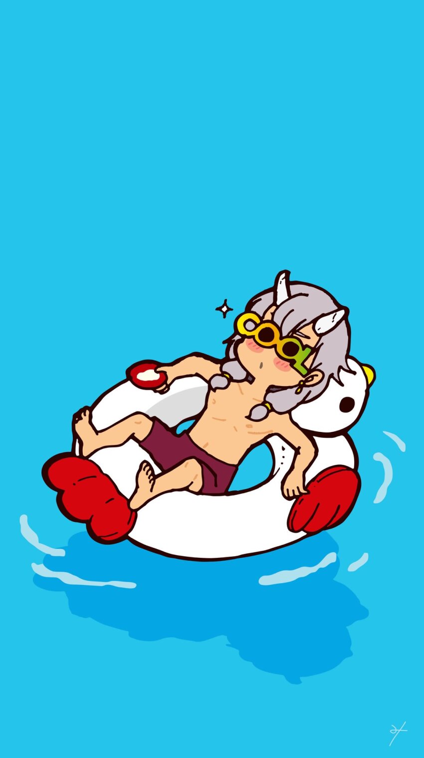 1boy, aqua_background, bad_id, bad_pixiv_id, barefoot, blush_stickers, broken_horns, closed_mouth, collarbone, english_text, full_body, grey_hair, grimms_notes, highres, inflatable_duck, inflatable_toy, male_focus, misoshiru_umai4, navel, nipples, red_shorts, shorts, shuten_douji_(grimms_notes), simple_background, solo, sparkle, sunglasses