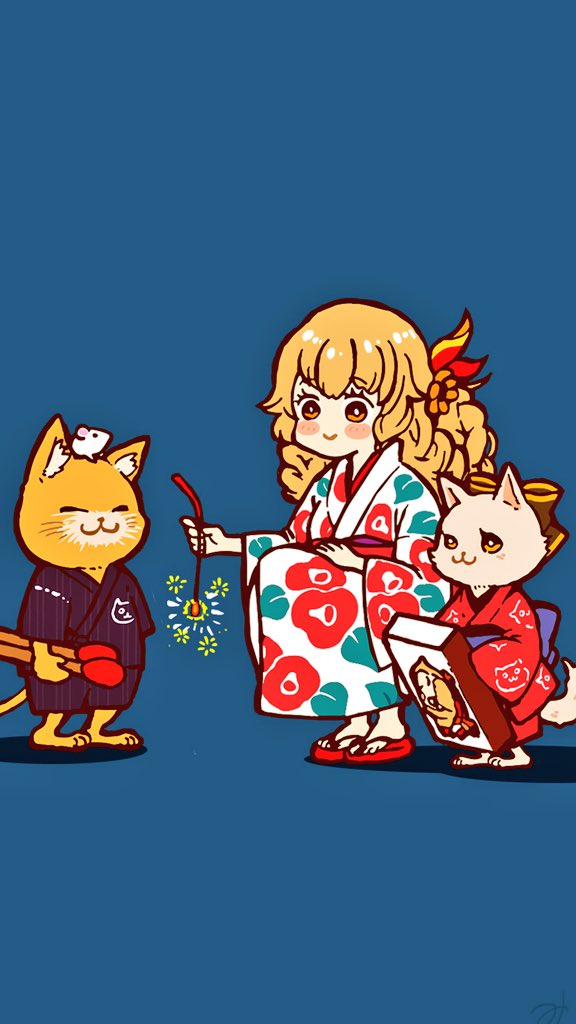 1boy, 2girls, alternate_costume, bad_id, bad_pixiv_id, barefoot, black_kimono, blonde_hair