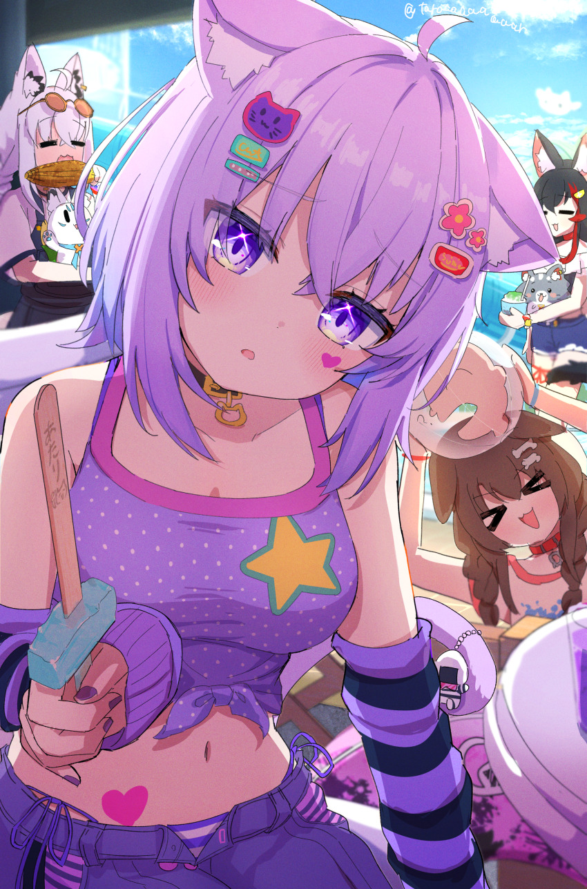 >_<, 4girls, absurdres, ahoge, animal_ear_piercing, animal_ears, black_choker, black_hair