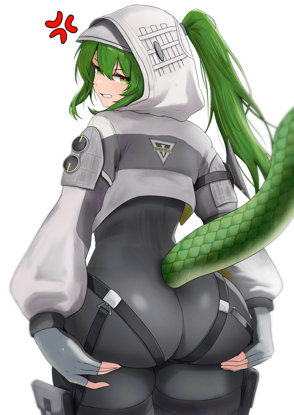1girl, anger_vein, arknights, arknights:_endfield, black_bodysuit, bodysuit, clenched_teeth, commentary, cowboy_shot, fingerless_gloves, fluorite_(arknights), from_behind, gloves, grabbing_own_ass, green_eyes, green_hair, highres, hood, hood_up, lizard_tail, long_sleeves, looking_at_viewer, looking_back, puffy_long_sleeves, puffy_sleeves, reptile_girl, simple_background, solo, sora_mame_(princess_0sora), tail, teeth, white_background, white_gloves